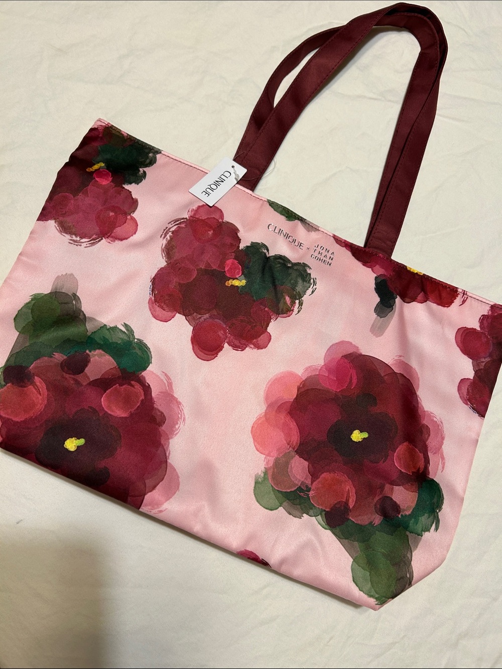 Clinique Pink Floral Tote with Burgundy Straps